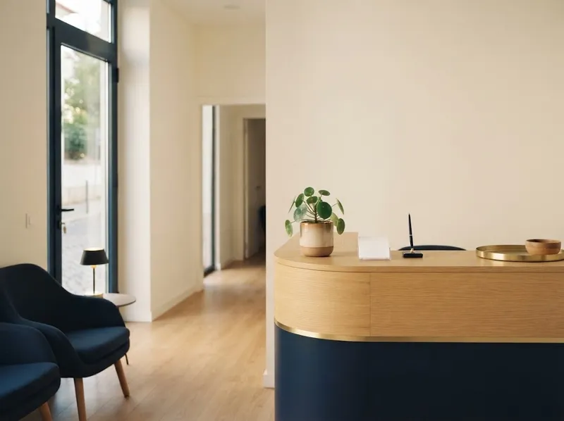 Receção da clínica com detalhes em azul-marinho e dourado e uma pequena planta