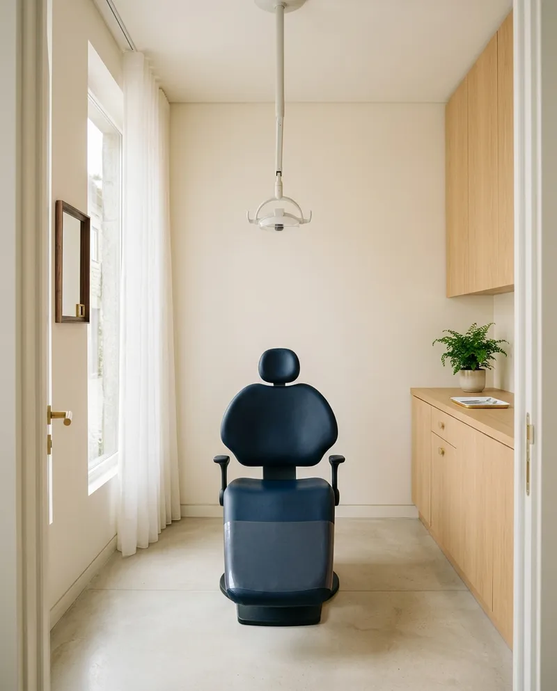 Gabinete de tratamento da Clínica Dentária Sorriso Soberano com cadeira azul-marinho e luz natural suave